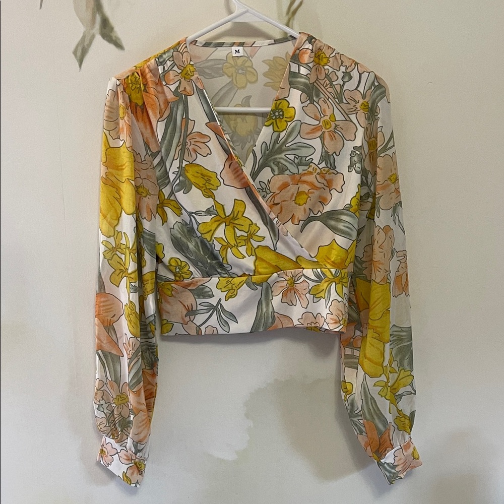 SHEIN Floral Wrap Front Sheer Long Sleeved Blouse